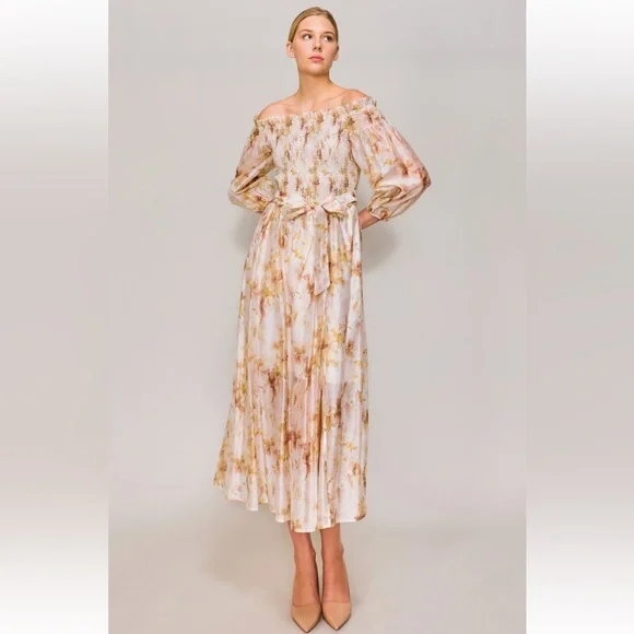 MELLODAY Cream Smocked Off the Shoulder Organza Midi Dress - Picture 16 of 16